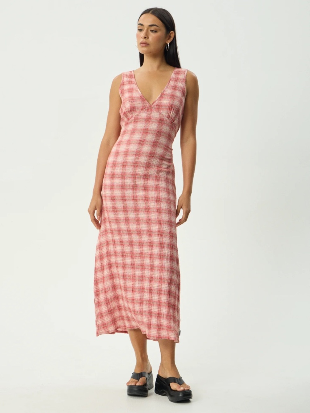 Afends Position Tully Seersucker Maxi Dress in Red Check